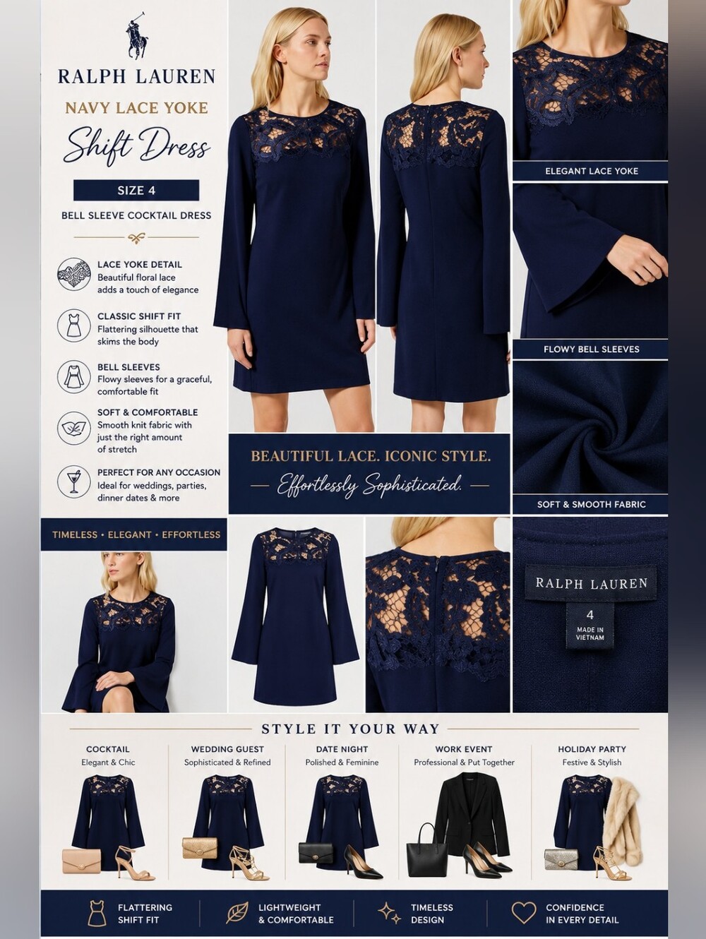 Ralph Lauren Navy Blue Lace Yoke Bell Sleeve Evening Cocktail Dress NWT